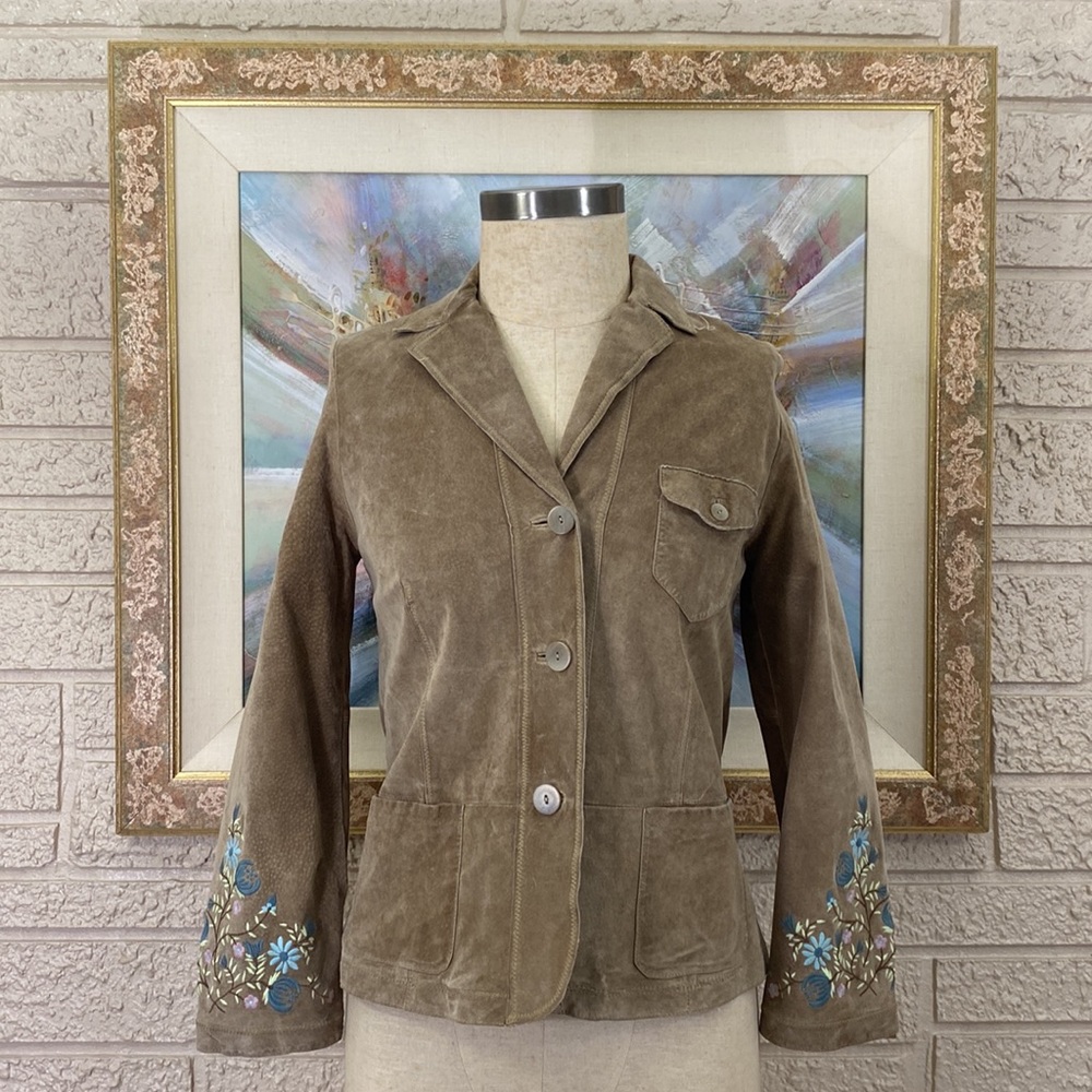 J. Jill Embroidered Sleeves Suede Leather Jacket - Picture 7 of 12